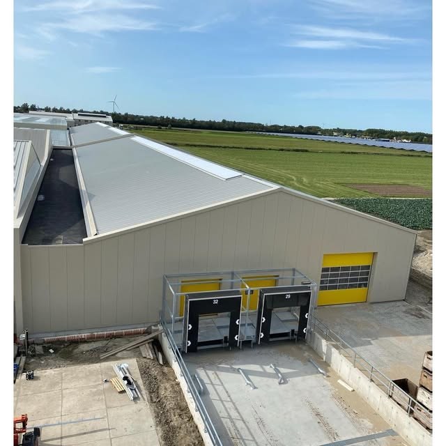 Dakwerk op een bedrijfshal, met zicht over het weiland erachter